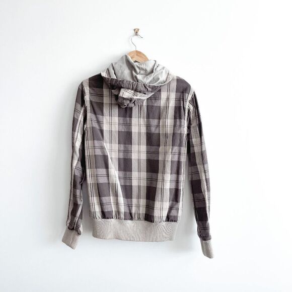 H&M L.O.G.G. Mens Hooded Jacket Kangaroo Pockets Plaid Brown Tan Small - Picture 2 of 7